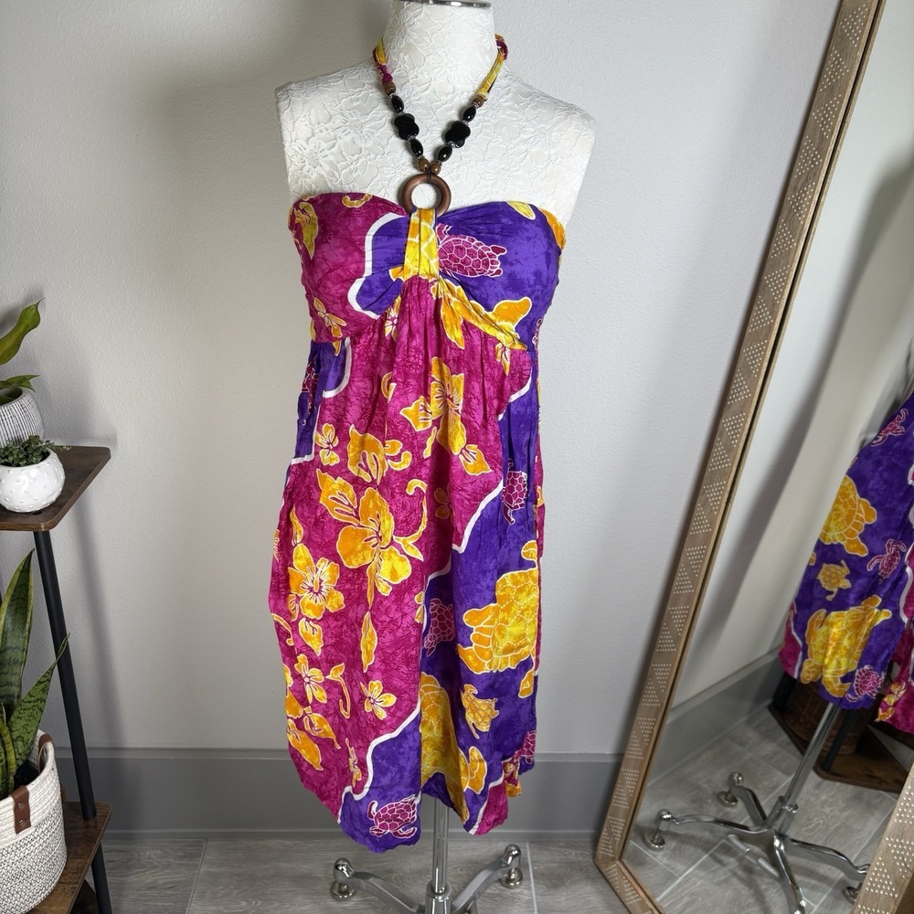 Coco Beach Hawaii Womens OS Purple Pink Halter Dress Tropical Beachy Rayon